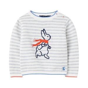Joules Striped Sweater with Bunny Design - White and Blue